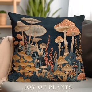 Mushroom Throw Pillow Faux Embroidery | Room Decor Eclectic Gift for Reading Nook Fairy Core Toadstool Cushion Woven Cottagecore Mycology |