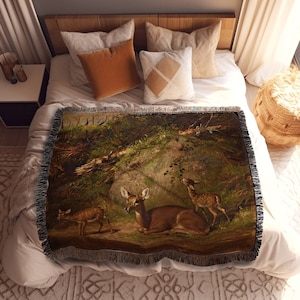 Vintage Baby Deer Woven Blanket | Woodland Deer Vintage Art Tapestry | Cottagecore Tapestry Aesthetic | Woodland Aesthetic Tapestry Woven |