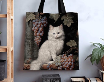 Dark Botanical Cat Tote Bag Woven | William Morris Inspired Tote Bag Aesthetic Tapestry Tote Woven Victorian Gothic Fairy Core Cat Tote Bag