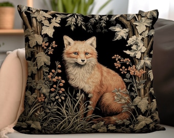Dark Woodland Fox Pillow Woven | William Morris Inspired Pillow Woodland Decor Pillow Maximalist Home Decor Throw Pillow Botanical Throw |