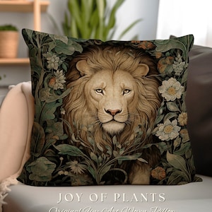 Maximalist Lion Pillow Woven Decor | William Morris Inspired Pillow Woodland Decor Pillow Maximalist Decor Throw Pillow Botanical Lion Decor