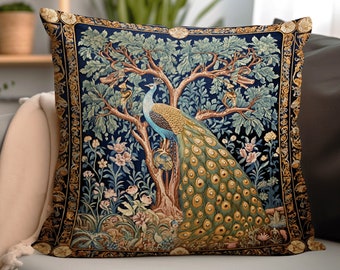 Classic Aesthetic Peacock Throw Pillow | William Morris Inspired Peacock Woodland Decor Cushion Botanical Ornate Home Decor Eclectic Accent