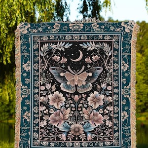 Boho Moth Moon Fairycore Throw Teal Bohemian Butterfly Floral Woven Tapestry Blanket | Whimsical Celestial Teal Dark Cottagecore Home Decor