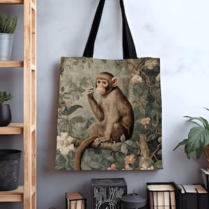 Victorian Monkey Tote Bag | William Morris Inspired Tote Bag Mushroomcore Satchel Maximalist Tapestry Tote Woven Victorian Fairy Grunge Bag