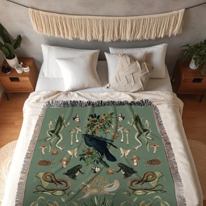 Sage Green Goblincore Blanket Woven | Gothic Room Decor Bat Tapestry | Dark Academia Tapestry Woodland Gothic | Crowcore Tapestry Blanket |