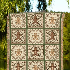 Cottagecore Scandi Gingerbread Patchwork Tapestry Blanket Holiday Decor Vintage Olive Green & Cream Cozy Festive Folk Art Throw Christmas