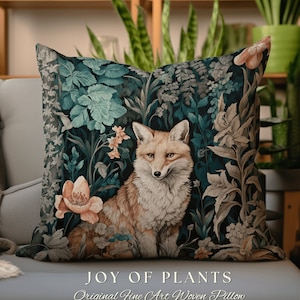 Fox Decoration Woven Pillow | William Morris Inspired Throw Pillow Woodland Forestcore Decor Pillow Maximalist Home Decor Throw Pillow Fox |