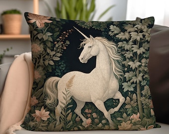 Fairycore Unicorn Pillow Woven | William Morris Inspired Pillow Woodland Decor Pillow Magical Home Decor Throw Pillow Botanical Unicorn Art