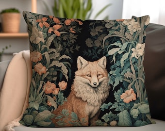 Fox Pillow Woven Decor | William Morris Inspired Fox Pillow Woodland Decor Pillow Maximalist Home Decor Throw Pillow Botanical Fox Pillow |
