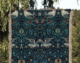 William Morris Tapestry Woven Throw Blanket | Navy Blue Throw Blanket | William Morris Wall Tapestry Woven Blanket Art Nouveau Decor