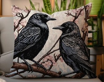 Gothic Crow Throw Pillow Woven | Morris Inspired Pillow Woodland Crowcore Decor Pillow Maximalist Home Decor Crow Pillow Dark Botanical Gift