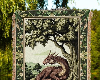 Woodland Dragon Blanket Enchanted Forest Tree Folklore Tapestry Throw | Mystical Medieval Aesthetic Sage Green Accent Rustic Fantasy Home