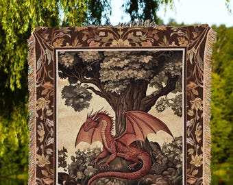Rustic Dragon Blanket Mystical Forest Scene Woven Throw | Enchanted Dark Academia Aesthetic Medieval Inspired Folklore Art Cozy Home Decor