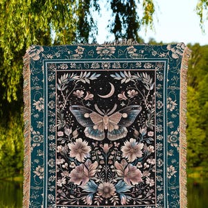 Boho Moth Moon Fairycore Throw Teal Bohemian Butterfly Floral Woven Tapestry Blanket | Whimsical Celestial Teal Dark Cottagecore Home Decor