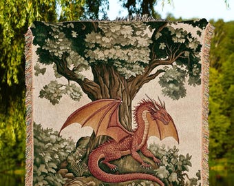 Whimsical Red Dragon Blanket Antique Forest Scene Tapestry Throw | Light Academia Aesthetic Medieval Inspired Mystical Fantasy Home Decor