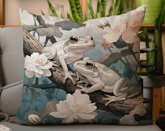 Frog Throw Pillow Woven | Pastel Botanical William Morris Inspired Pillow Botanical Decor Pillow Home Decor Throw Pillow Frog Cottage Core |