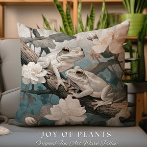 Frog Throw Pillow Woven | Pastel Botanical William Morris Inspired Pillow Botanical Decor Pillow Home Decor Throw Pillow Frog Cottage Core |