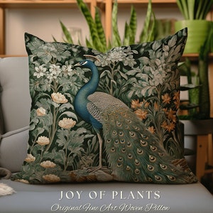 Peacock Throw Pillow Woven  | William Morris Inspired Fox Pillow Woodland Decor Pillow Maximalist Home Decor Throw Pillow Botanical Peacock