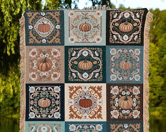 Autumn Aesthetic Pumpkin Square Blanket | Fall Colors Cozy Home Decor Whimsical Halloween Throw Housewarming Blanket Book Nook Room Decor |