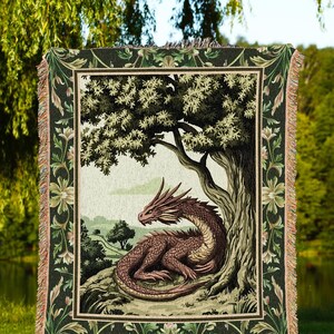 Woodland Dragon Blanket Enchanted Forest Tree Folklore Tapestry Throw | Mystical Medieval Aesthetic Sage Green Accent Rustic Fantasy Home