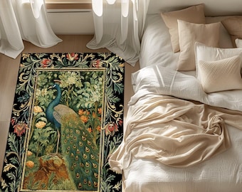 Peacock Area Rug Botanical | Floral Bedroom Decor William Morris Style Cottagecore Room Dark Academia Royalcore Rug Mystical Crowcore Art |