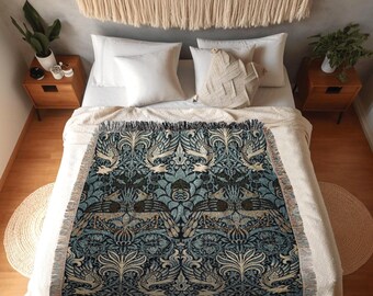 William Morris Tapestry Woven Throw Blanket | Cobalt Blue Throw Blanket William Morris Wall Tapestry | Art Nouveau Decor Woven Throw Blanket