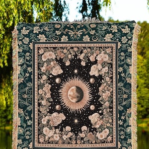 Sun and Moon Bohemian Tapestry | Moody Skies Astrology Blanket Vintage Celestial Cozy Throw Blanket Astrology Tapestry Dark Cottagecore Boho