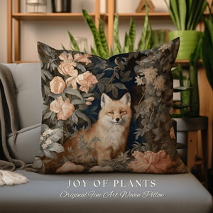 Floral Pastel Fox Pillow | William Morris Inspired Throw Pillow Woodland Forestcore Decor Pillow Maximalist Home Decor Throw Pillow Fox Art