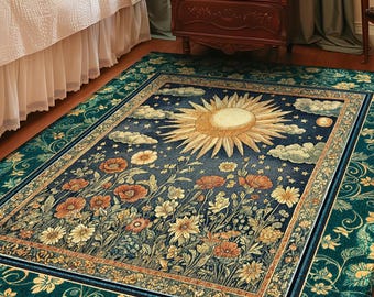 May include: A rectangular area rug with a celestial design featuring a large sun, clouds, and flowers. The rug has a dark blue background with a teal border and the text "JOY OF PLANTS Original Fine Art Rugs".