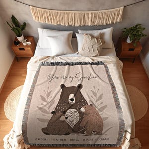 Mama Bear and Cubs Cozy Throw | Personalized Gift for Mom Blanket with Grandchildren Names Meaningful Parent Tapestry Boho Custom Decor