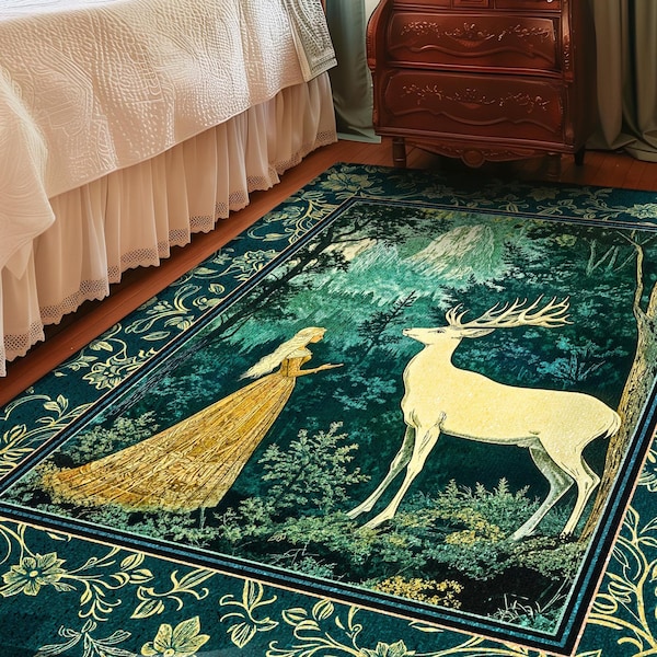 Mystic Animal Guardian Area Rug | Fairy Forest Ethereal Woods Folklore Accent Rug Enchanted Cottagecore Bedroom Carpet Magical Deer Spirit |