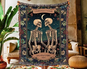 Macabre Skeleton Lovers Cozy Blanket Custom | Meaningful Anniversary Blanket Gothic Skeleton Lover Gift for Boyfriend Personalized Couple |