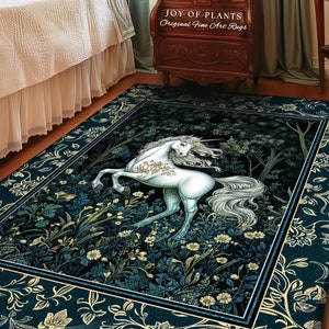Enchanted Meadow Unicorn Area Rug | Victorian Fairycore Whimsical Ethereal Bedroom Rug Medieval Woodland Fairytale Magical Rustic Medieval |