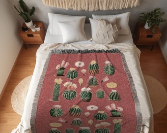 Vintage Cacti Tapestry Colorful Blanket Woven | Succulent Cactus Gift | Mauve Pink Wall Art | Colorful Wall Art Tapestry Cactus Aesthetic |