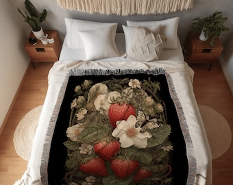 Vintage Strawberry Blanket Dark Cottagecore Decor | Woven Tapestry Blanket Dark Academia Room Decor Blanket Strawberry Blanket Woodland Art