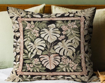 Forestcore Tropigoth Woven Pillow | Jungle Whimsy Dark Academia Bedroom Cottagecore Houseplant Lover Maximalist Tapestry Cushion Botanical |