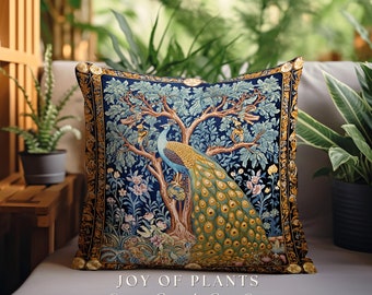 Classic Aesthetic Peacock Throw Pillow | William Morris Inspired Peacock Woodland Decor Cushion Botanical Ornate Home Decor Eclectic Accent