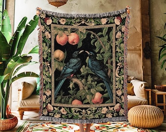 Cottagecore Forest Crow Blanket Gothic Woodland Decor | Raven Tapestry Woven Crowcore Throw Blanket Whimsigothic Dark Botanical Room Decor