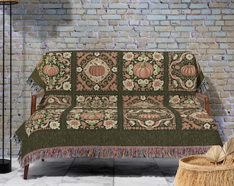 Classic Halloween Pumpkins Blanket | Witchy Forest Green Whimsigoth Throw Blanket Book Nook Home Decor Retro Autumn Vibes Housewarming Gift