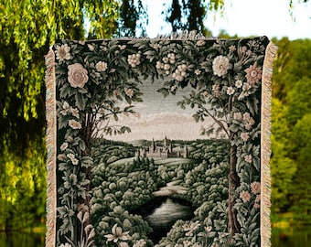 Castle Landscape Botanical Throw Blanket | Fairytale Aesthetic Mystic Garden Tapestry Throw Fairycore Woodland Nature Princesscore Blanket