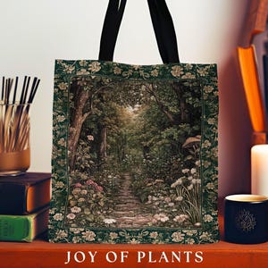 Botanical Style Tapestry Bag Fairycore | Woodland Mushroom Aesthetic Nature Lover Book Bag Tapestry Tote Woven Emerald Green Decor Whimsical