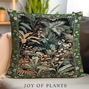 Jungle Leaves Botanical Woven Pillow | Tropical Jungle Nature Lover Book Nook Cozy Plant Lover Boho Bedroom Decor Elegant Tapestry Cushion |
