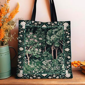 Dark Woodland Whimsical Forest Tote Bag | Whimsigothic Folklore Inspired Style Ethereal Aesthetic Woven Tapestry Bag Fairycore Wildflowers