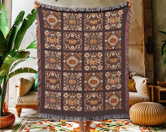 Fall Vibes Cozy Pumpkin Picnic Blanket | Witchy Cottagecore Throw Blanket Book Nook Home Decor Retro Autumn Aesthetic Housewarming Gift |