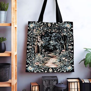Dreamy Forest Landscape Botanical Tote | Misty Forest Dark Cottagecore Aesthetic Fairycore Bookish Woven Tapestry Bag Magical Jungle Decor |