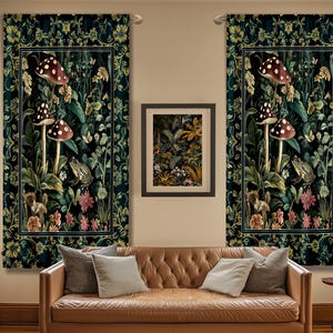 Fairytale Forest Mushroom Frog Curtain | Trendy Aesthetic Cottagecore Botanical Curtain for Emerald Green Bathroom Funky Woodland Drapes |