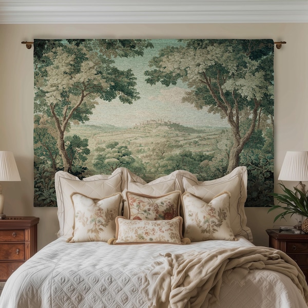Hillside Landscape French Verdure Wall Art | Traditional Pastoral Textile Woodland Meadow Garden Estate Woven Jacquard Tapestry Old World