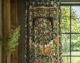 Botanical Tree of Life Curtain | Ornate Floral Heritage Decor Vintage Nature Aesthetic Cottagecore Fairycore Bedroom Woodland Inspired Cozy