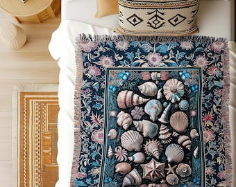 Colorful Nautical Aesthetic Throw Blanket | Ocean Inspired Lake Home Accent Seashell Woven Wall Tapestry Summer Beach Aesthetic Mermaidcore