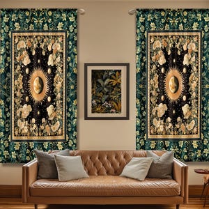 Sun and Moon Bohemian Curtains | Moody Skies Astrology Drapes Vintage Celestial Cozy Bedroom Astrology Tapestry Dark Cottagecore Bohemian |